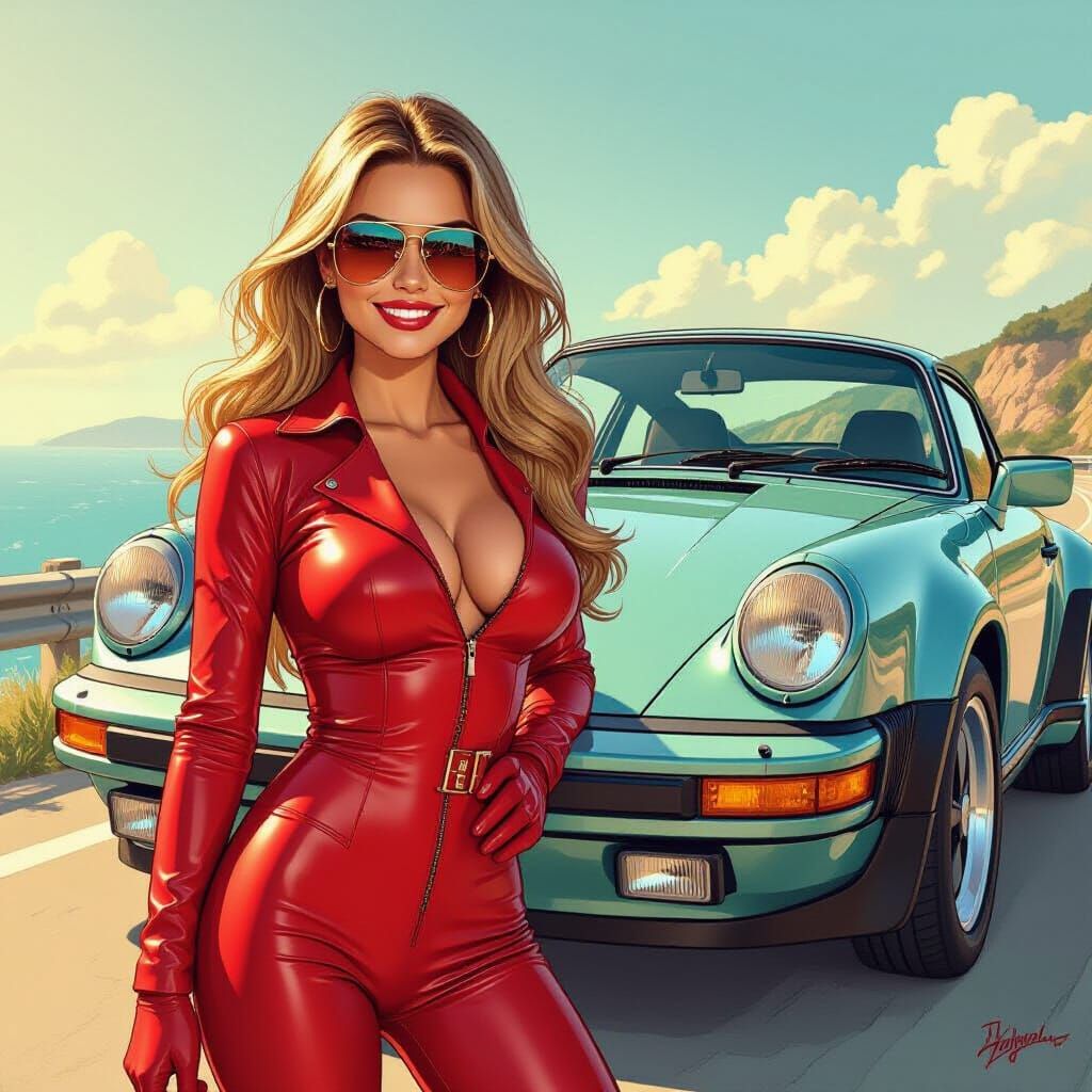 Retro Comic Art of Woman with Porsche 911