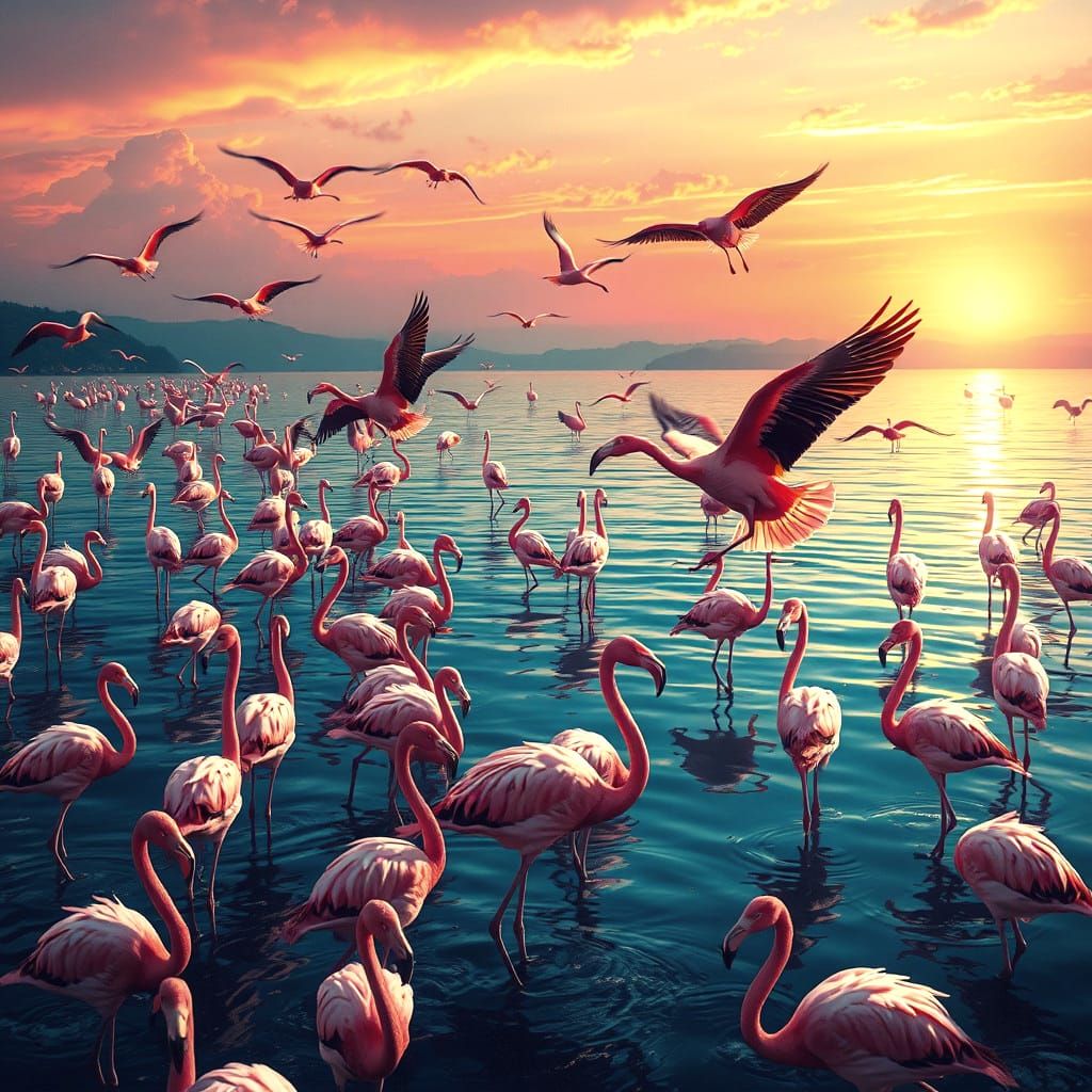Pink Flamingos at Sunset: Hyperrealistic Splash Art