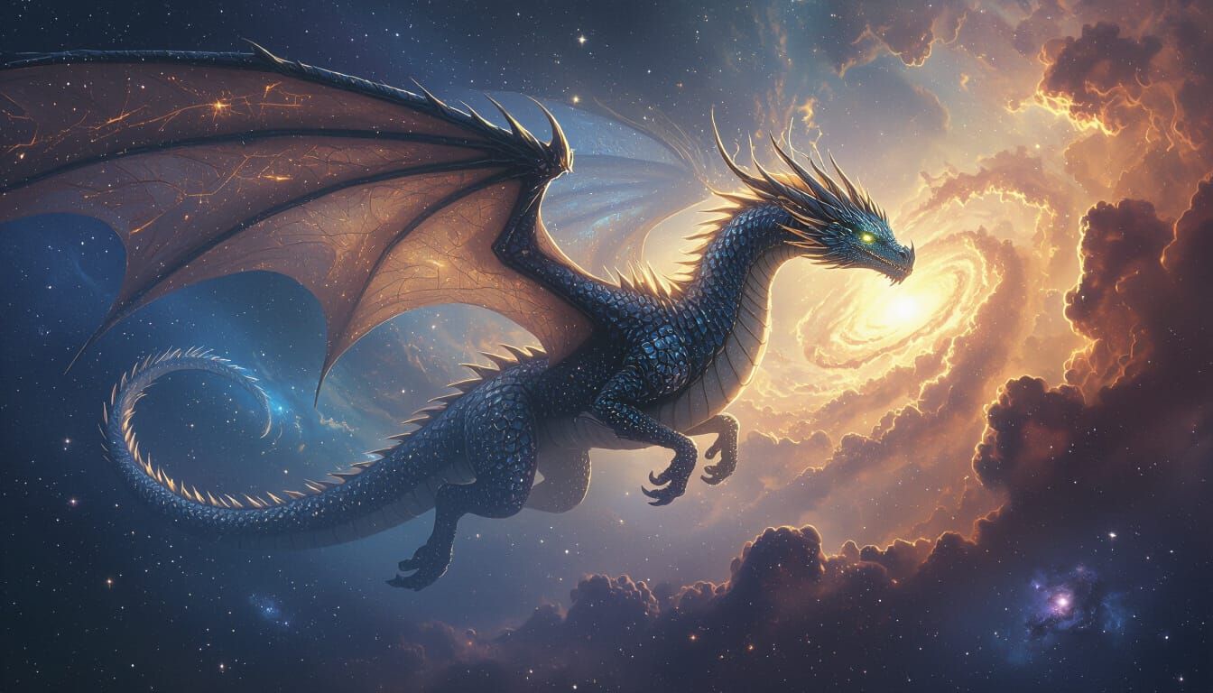 Celestial Dragon Soaring Through Nebula in Cosmic Art Style