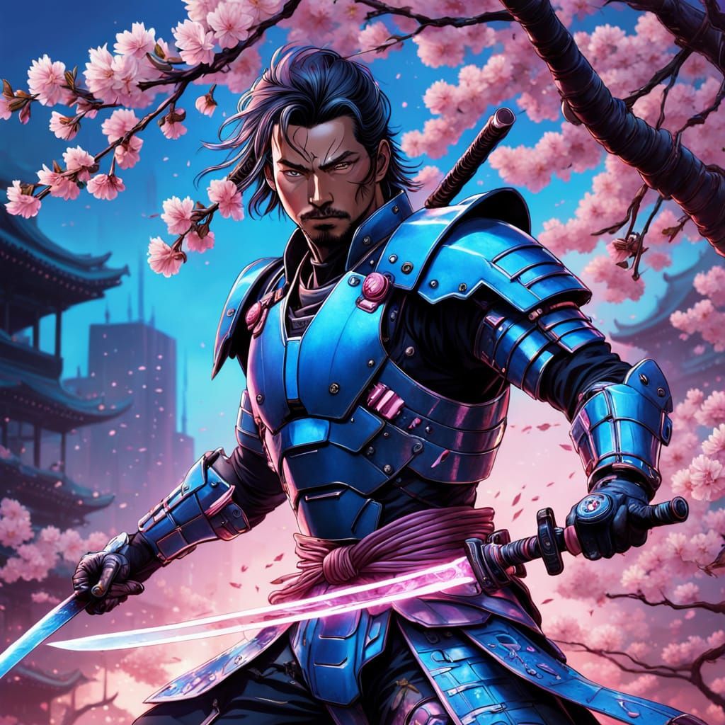 Cyberpunk Samurai Warrior Leaps Through Cherry Blossoms