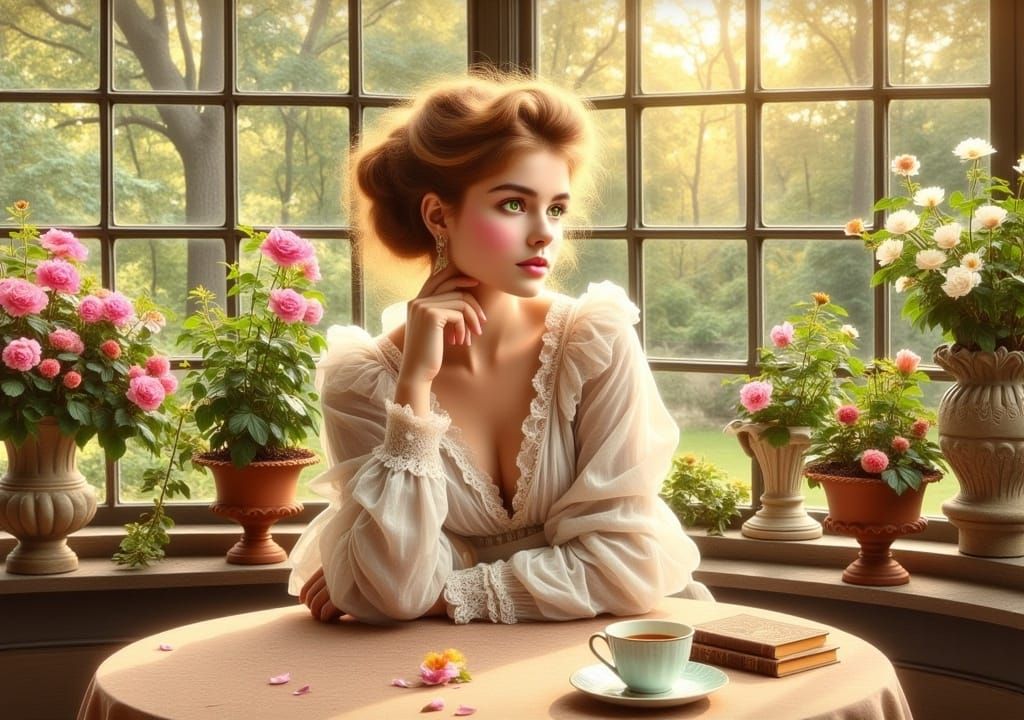 Greenhouse Serenity: A Romantic Gibson Girl Scene