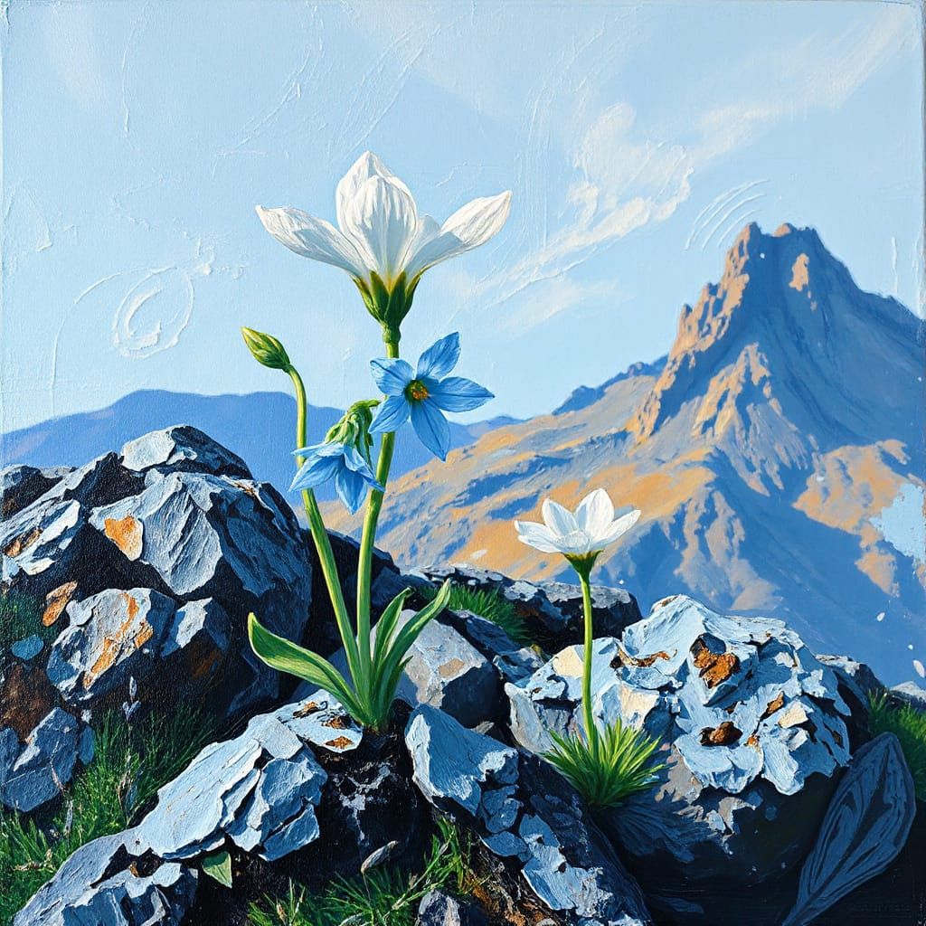 Crystallized Gentian Flower in Blue, Expressionist Oil Paint...