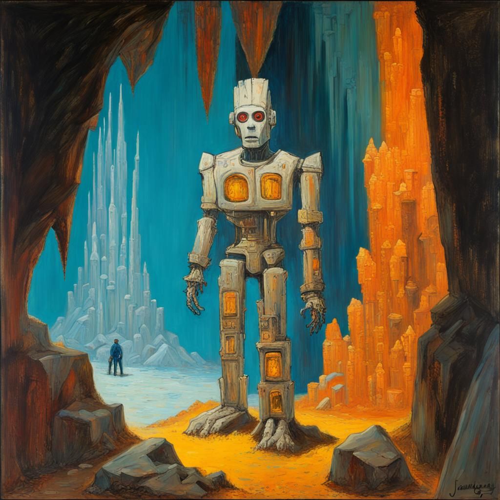 Cyborg Robot in Crystal Cave: Pop Art Oil Painting