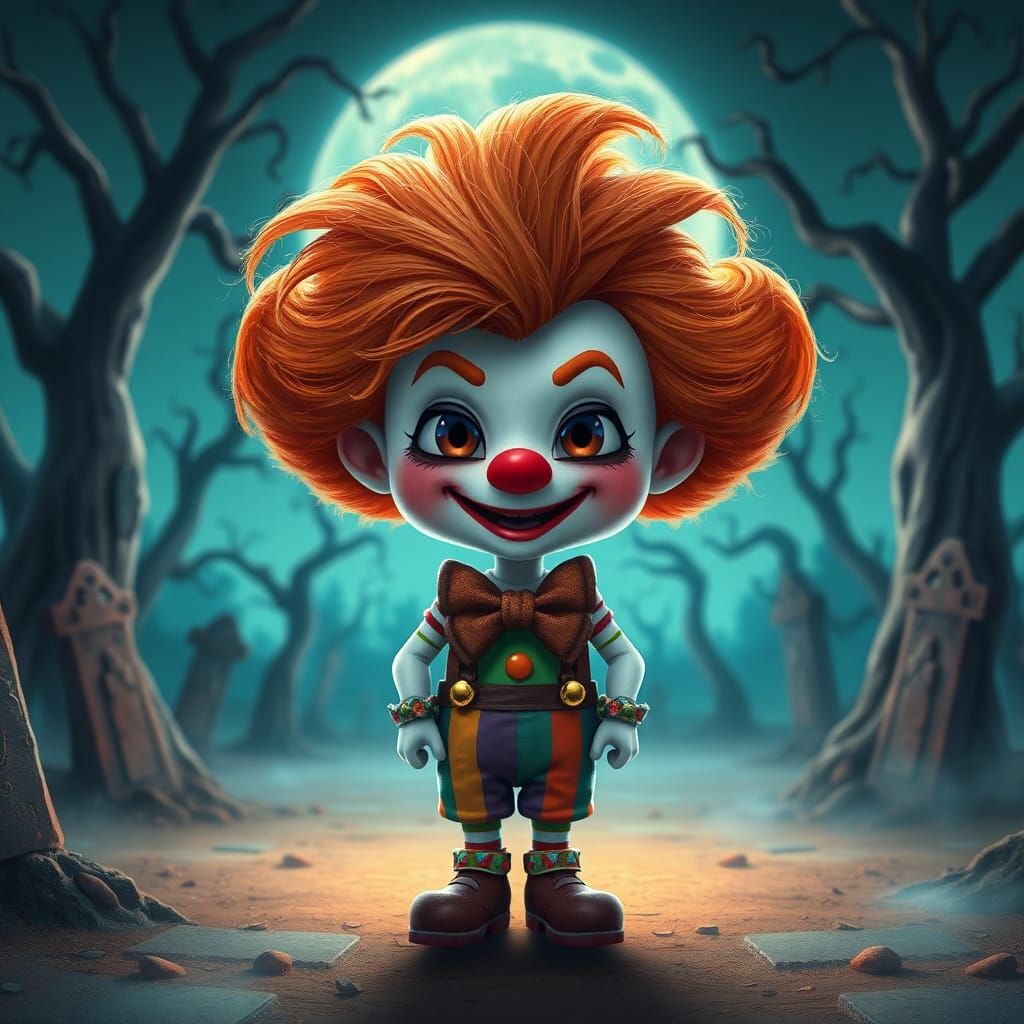 Spooky Cute Chibi Clown in Ghibli-Burton Style