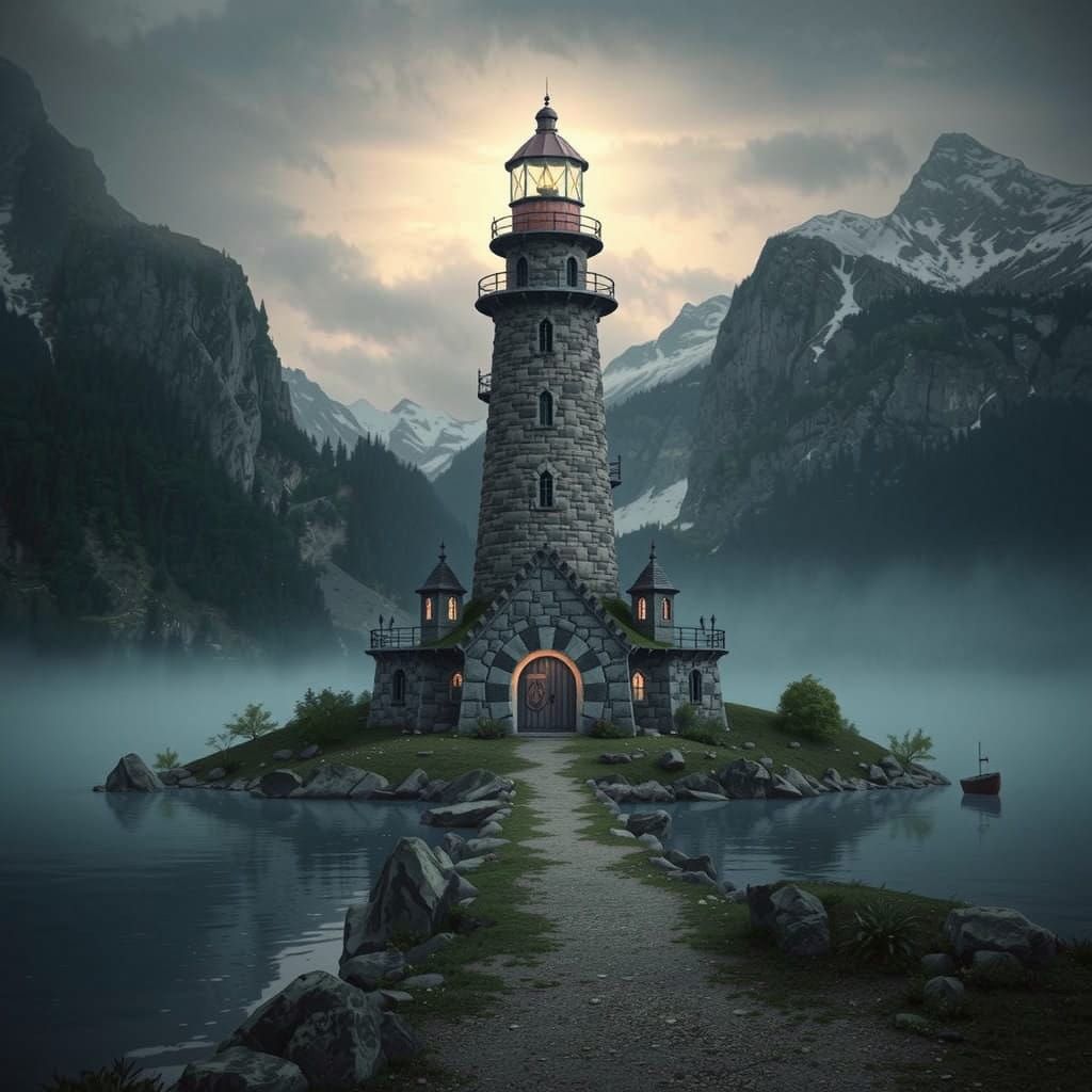 Dwarven Lighthouse in Alpine Lake Harbor, Fantasy Landscape
