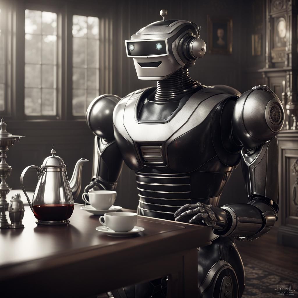 Super Robot butler; style by Walle, retro futuristic Robotic butler in black and white Matrix suit, serving tea in a sta...