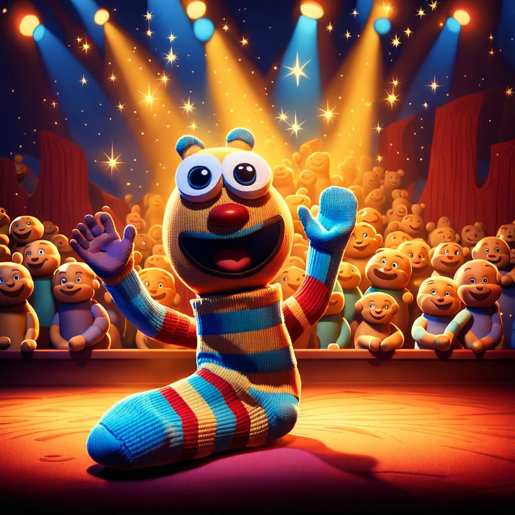 A funny sock doll with sock babies tells jokes on a stage in...