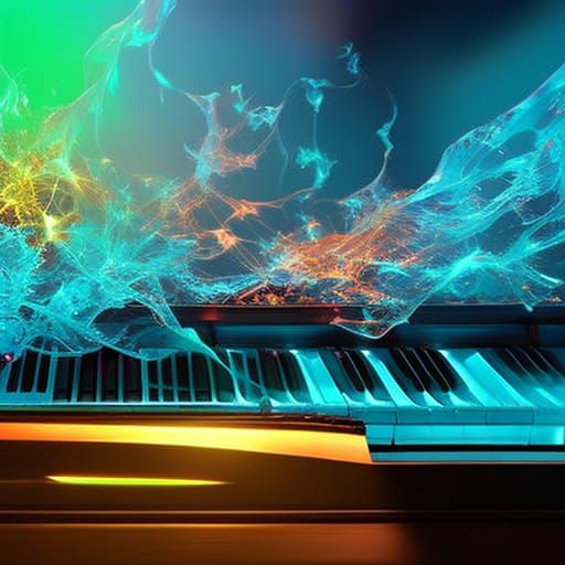 Glowing glass piano smoking with cosmic energy, cracked frac...