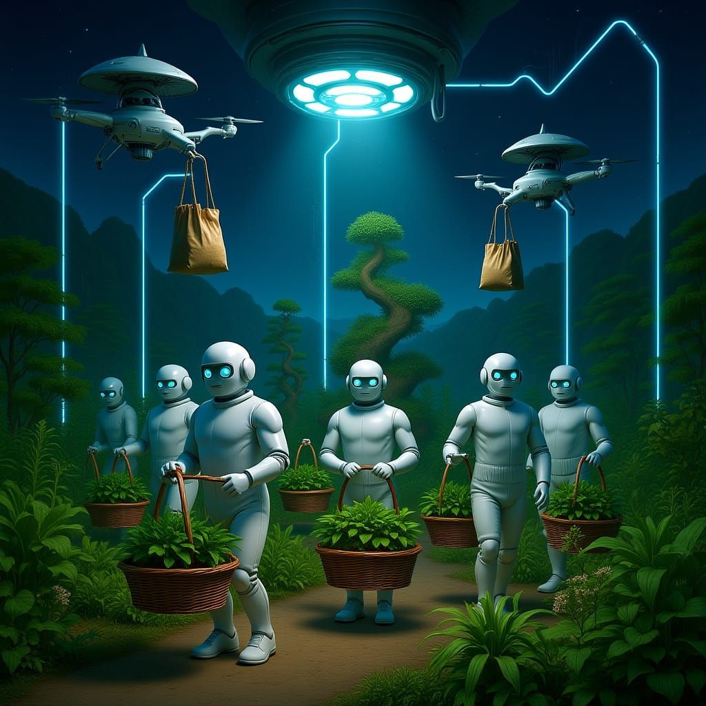 Futuristic Robots Tend Gardens with Drones in High-Tech Worl...