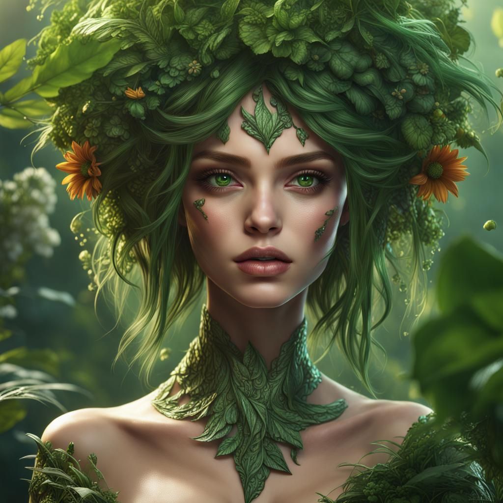Girl with Plant Hair: Detailed Fantasy Concept Art