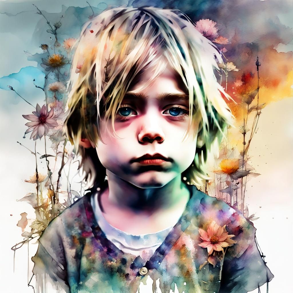 Chibi Baby Kurt Cobain in Watercolor Sunset
