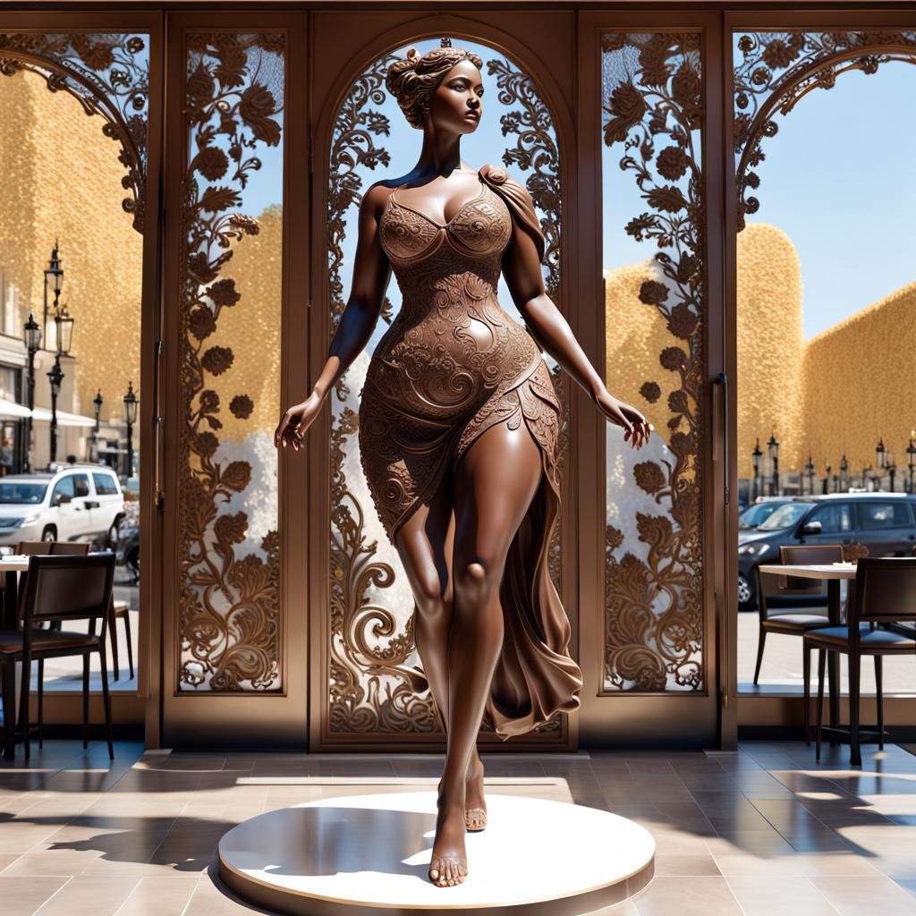 Tall Curvy Chocolate Statue in Paris Restaurant