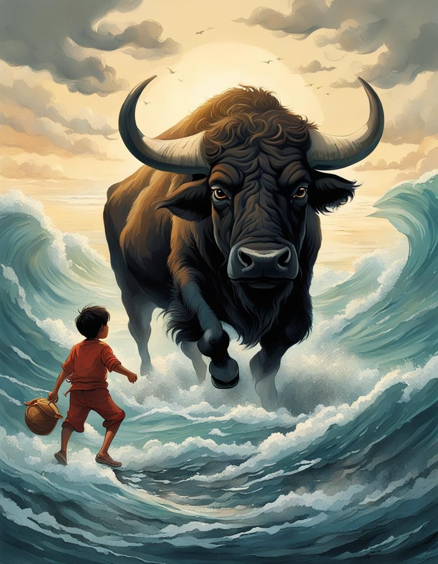 Boy Guides Wind with Buffalo Against Raging Cow