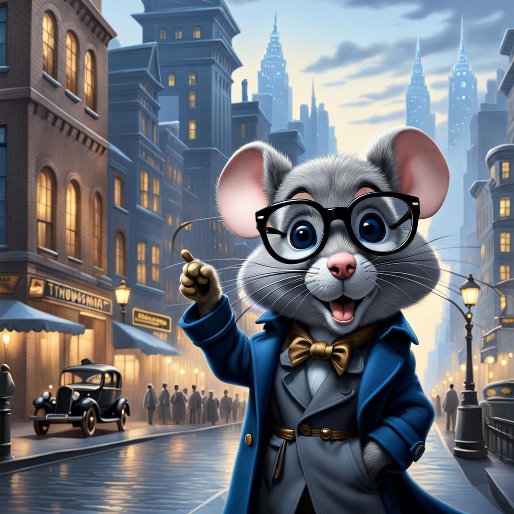 Cartoon Mouse in Film Noir City, as Painting