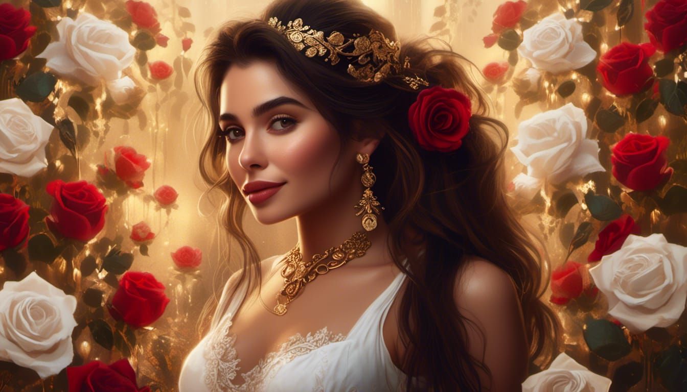 Beautiful Woman Portrait with Roses and Gold Accents