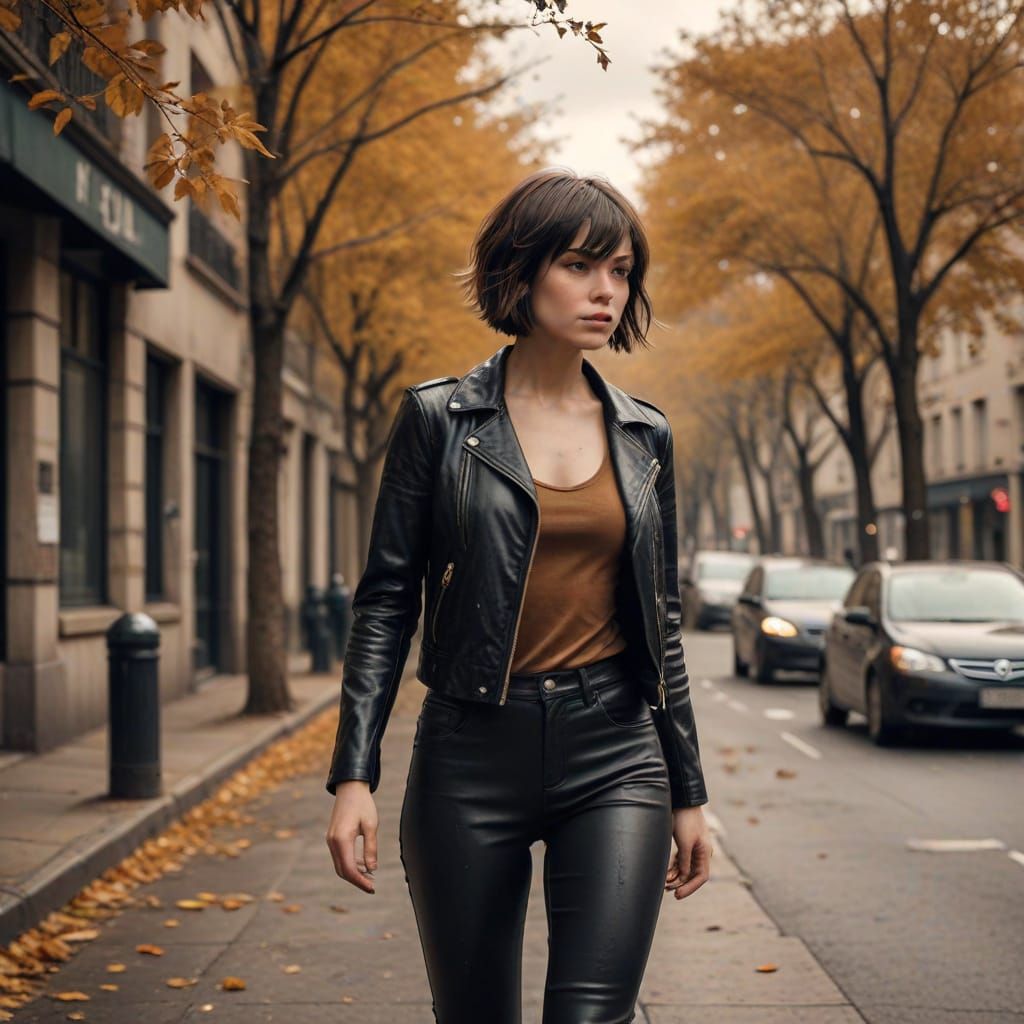 Young Woman in Leather Pants Captured in High Contrast Ink D...