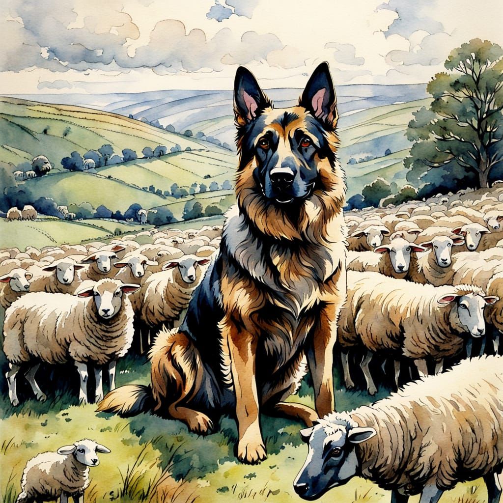 German Shepherd Guards Sheep on Idyllic Hillside