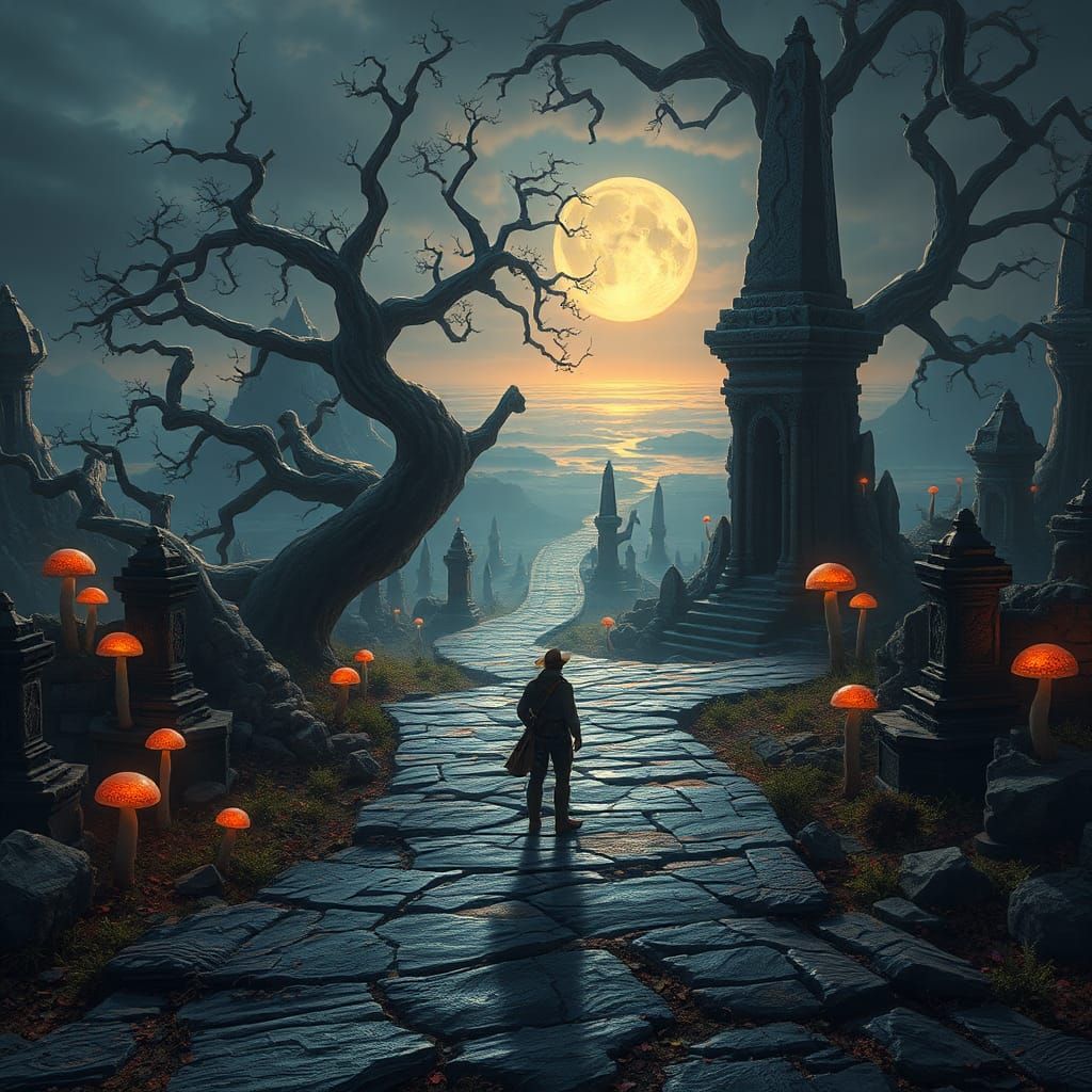 Mystical Crossroads: Lone Traveler in Fantasy Landscape