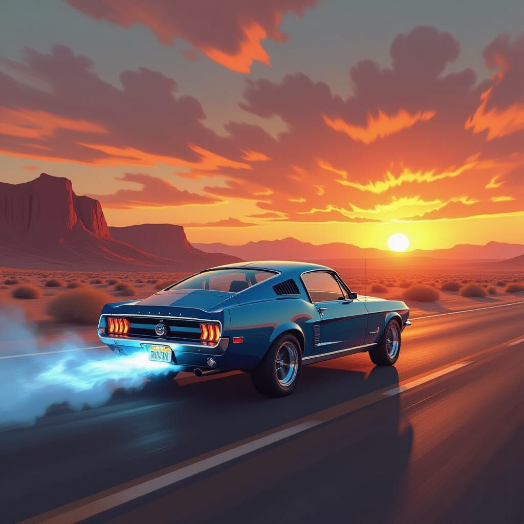 Vintage Mustang Speeds with Blue Exhaust Flame
