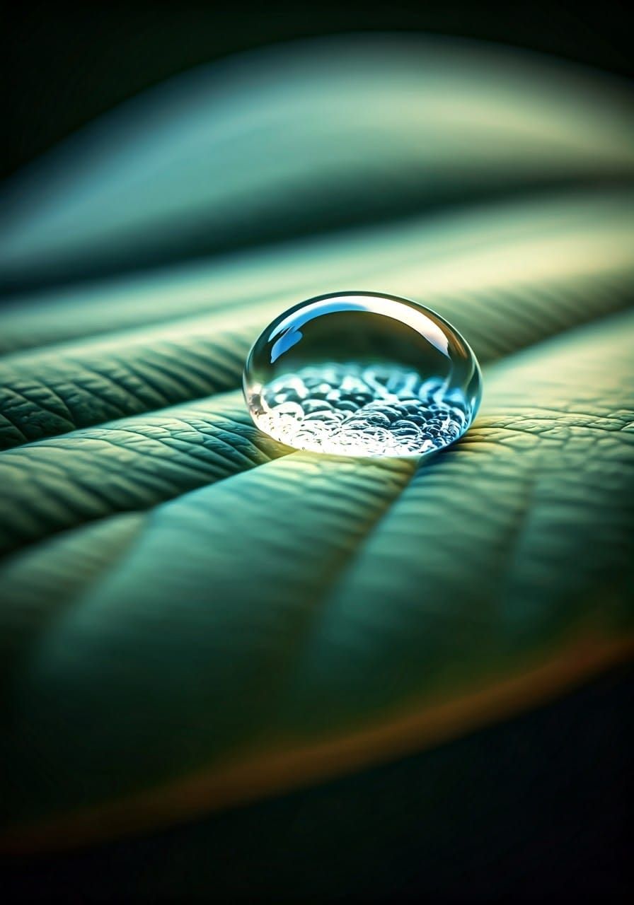 Water Droplet on Leaf in Hyperrealistic 3D Anime Style