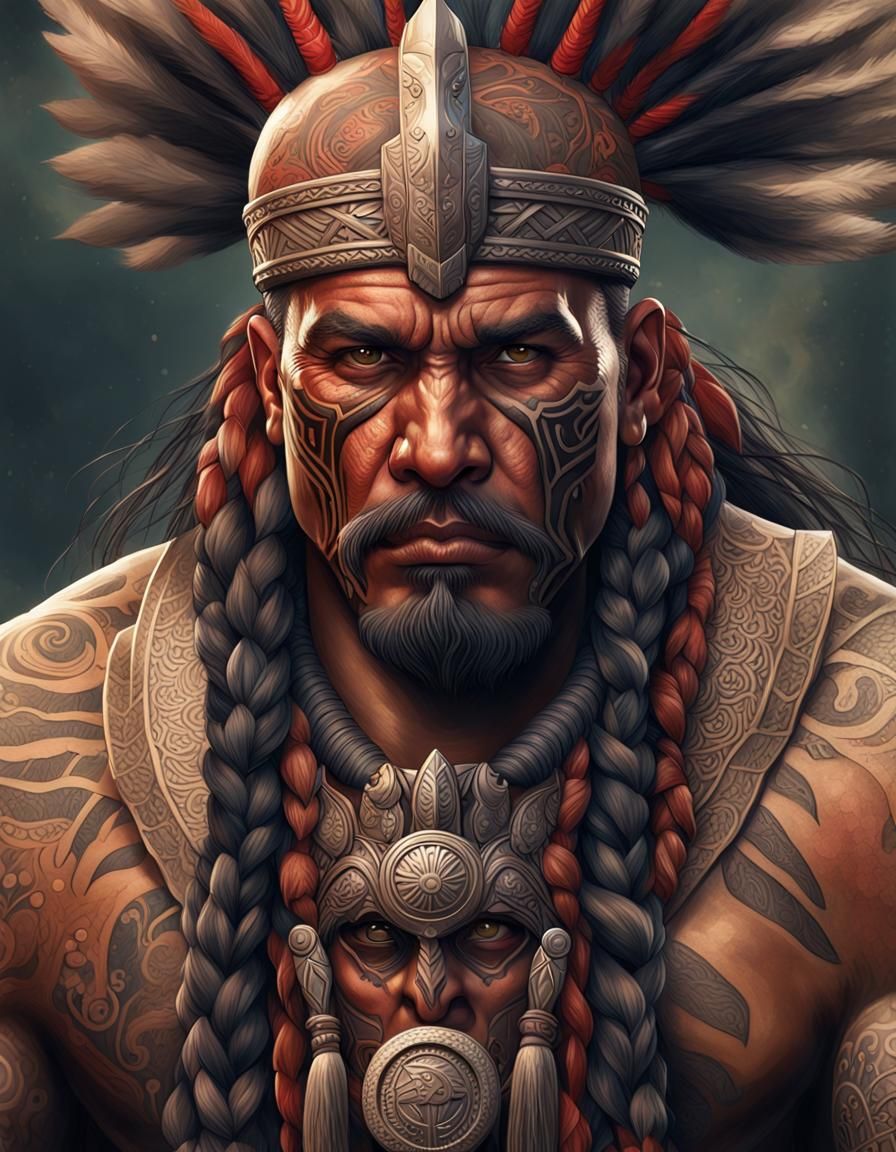 Maori Warrior Portrait with Traditional War Tattoos