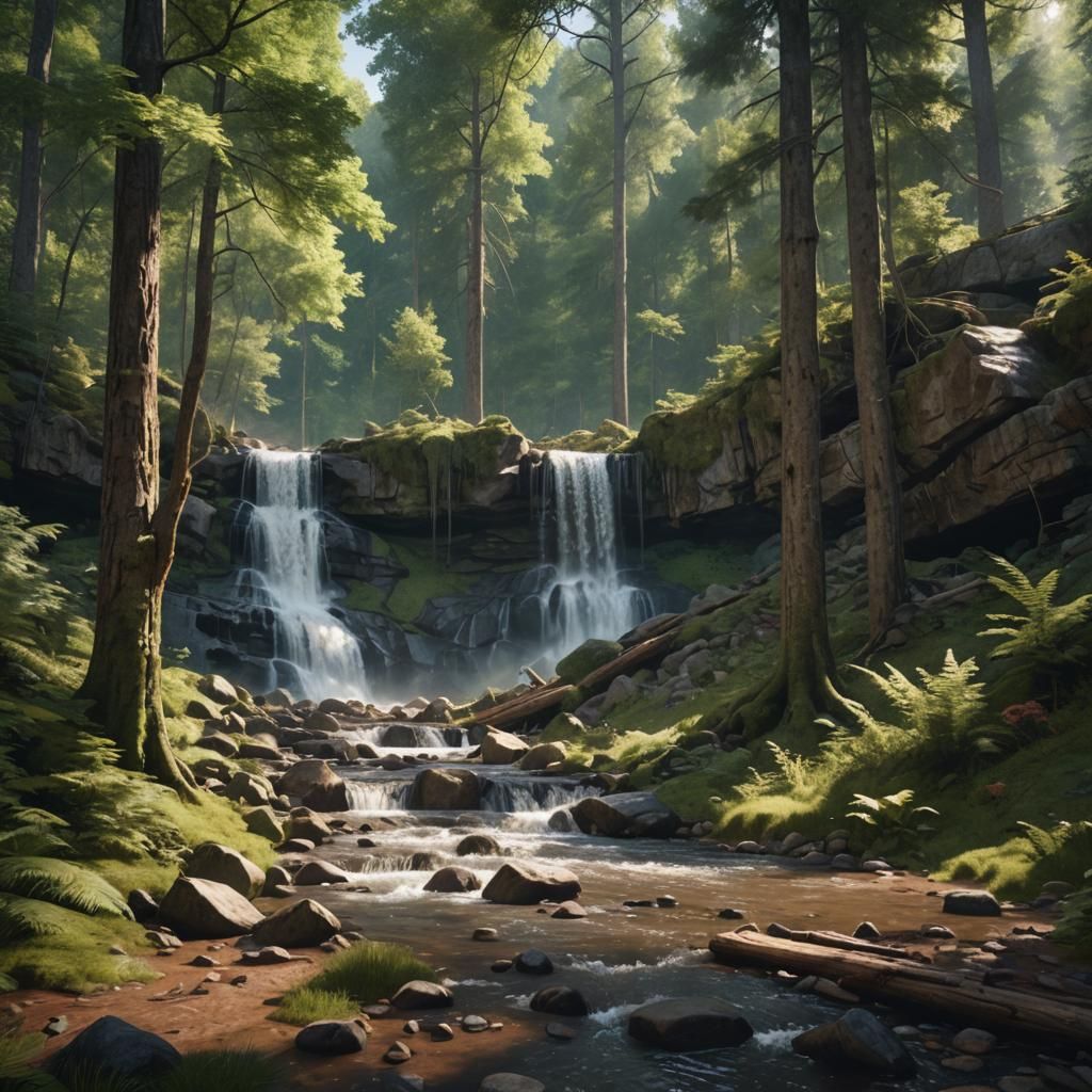 Hyperrealistic Waterfall in Serene American Forest