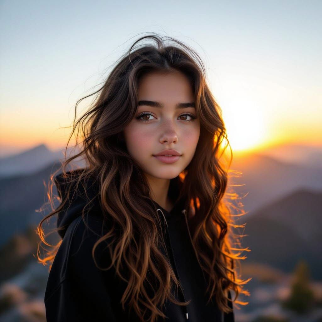 Teenage Girl on Mountain Peak at Golden Hour
