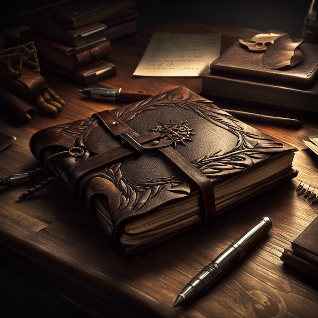 Sinister Leather Journal on Desk: Dark Fantasy Art