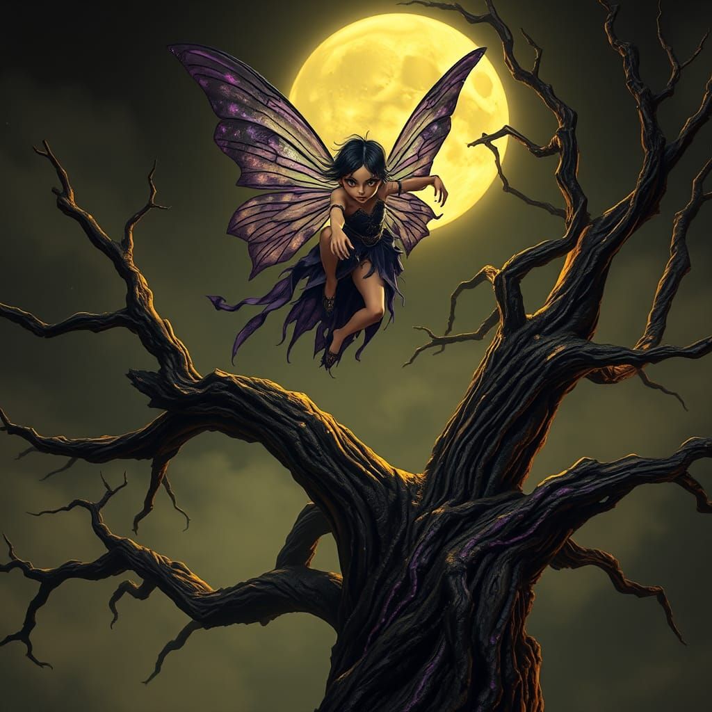 Dark Magic Fairy Over Twisted Tree in Unreal Engine