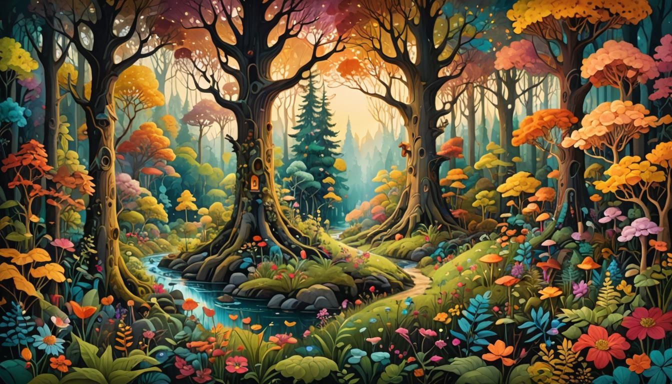 Whimsical Forest Landscape at Golden Hour