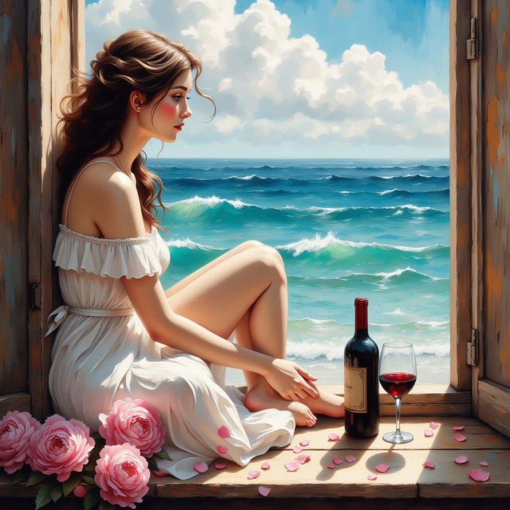 Impressionist Oil Painting of Woman Gazing at Ocean Horizon