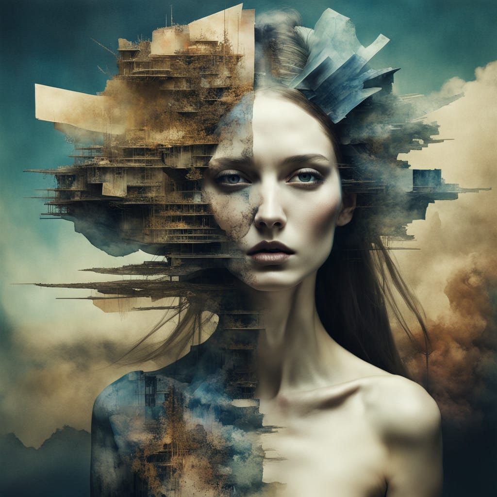 A Digital Woman Amidst Dystopian Megastuctures in Mixed Medi...