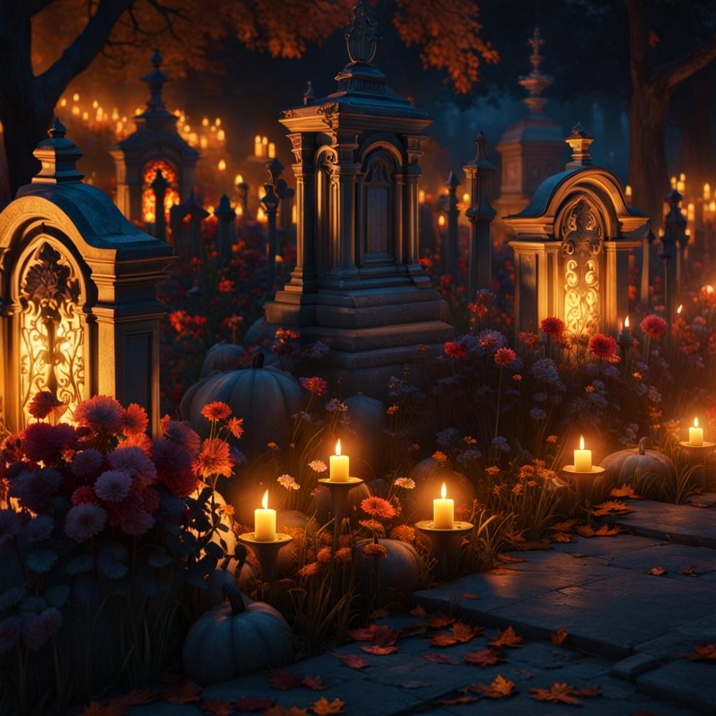Dreamlike Cemetery at Night in Oil Painting Style