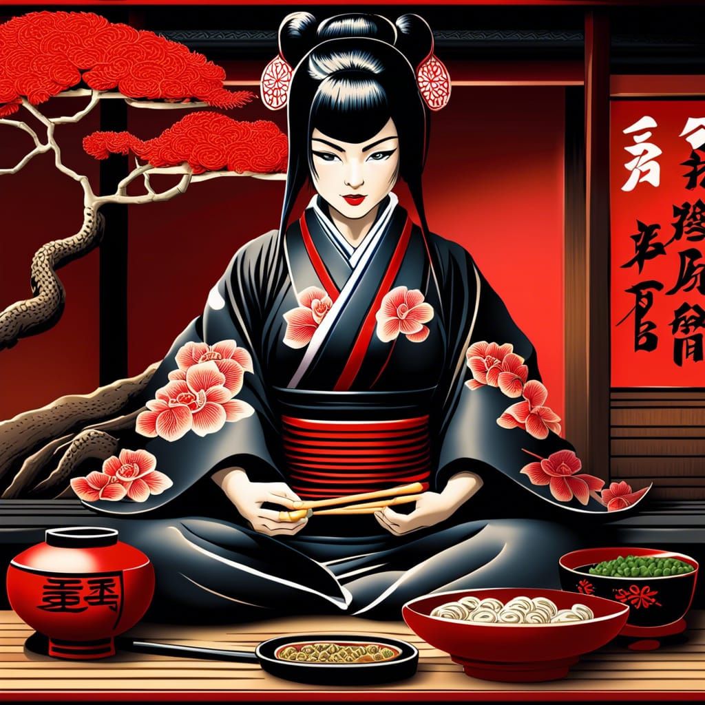 Ninja Woman Meditating and Eating Ramen