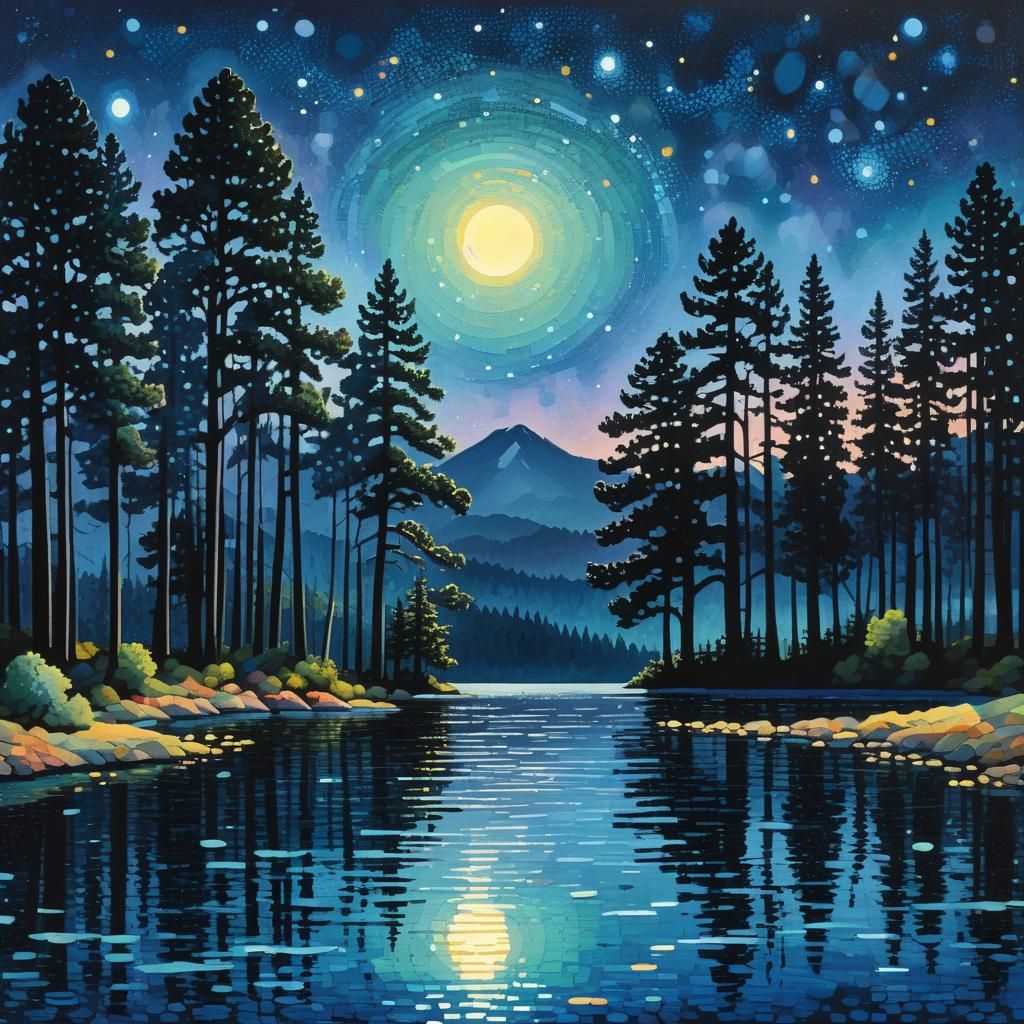 Pointillist Night Landscape with Fauvist Brushstrokes