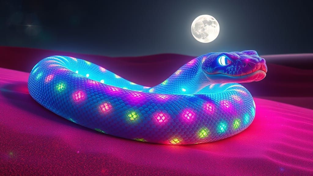 Ethereal Boa Constrictors in Neon Desert Landscape