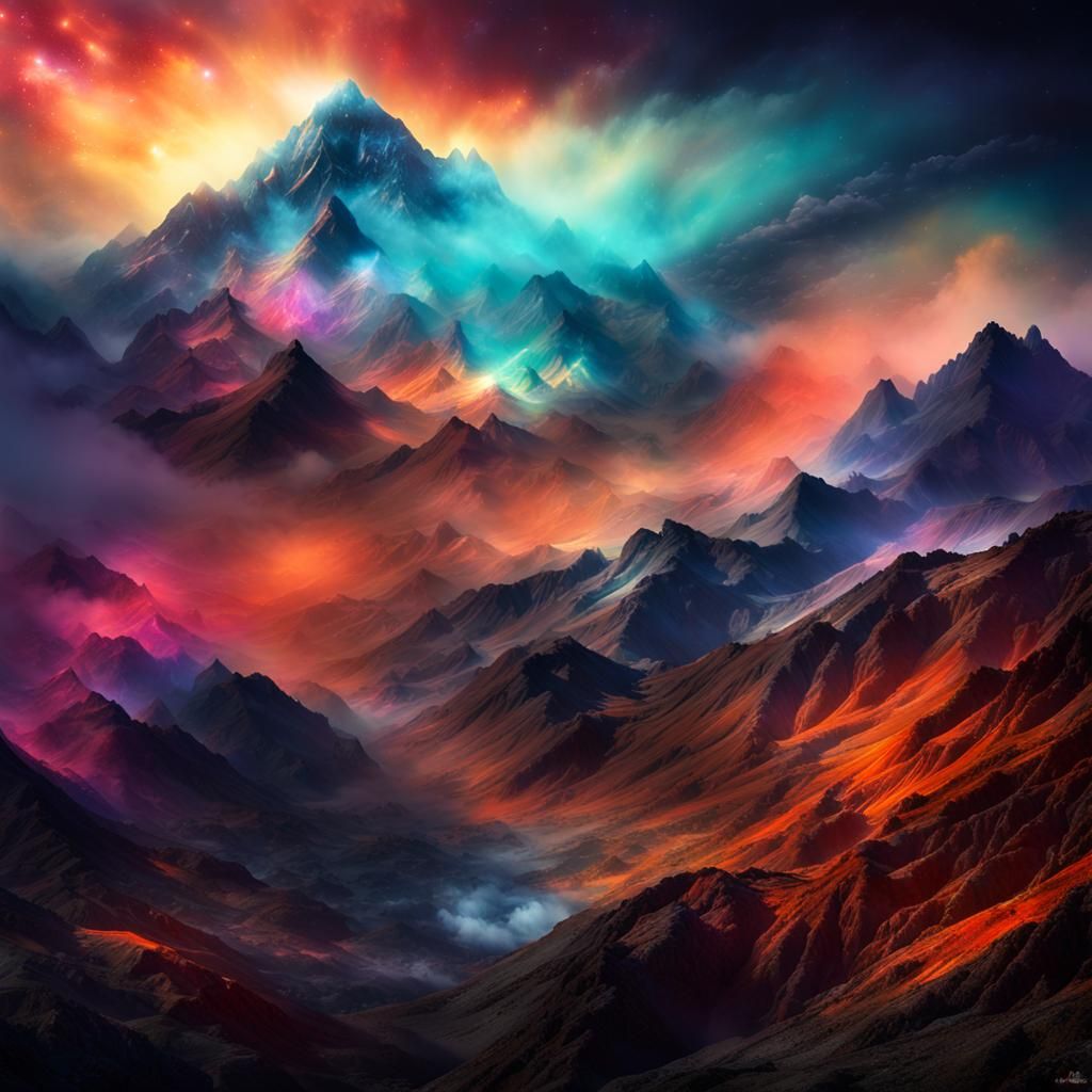 Nebula's Light on Misty Mountain Peak