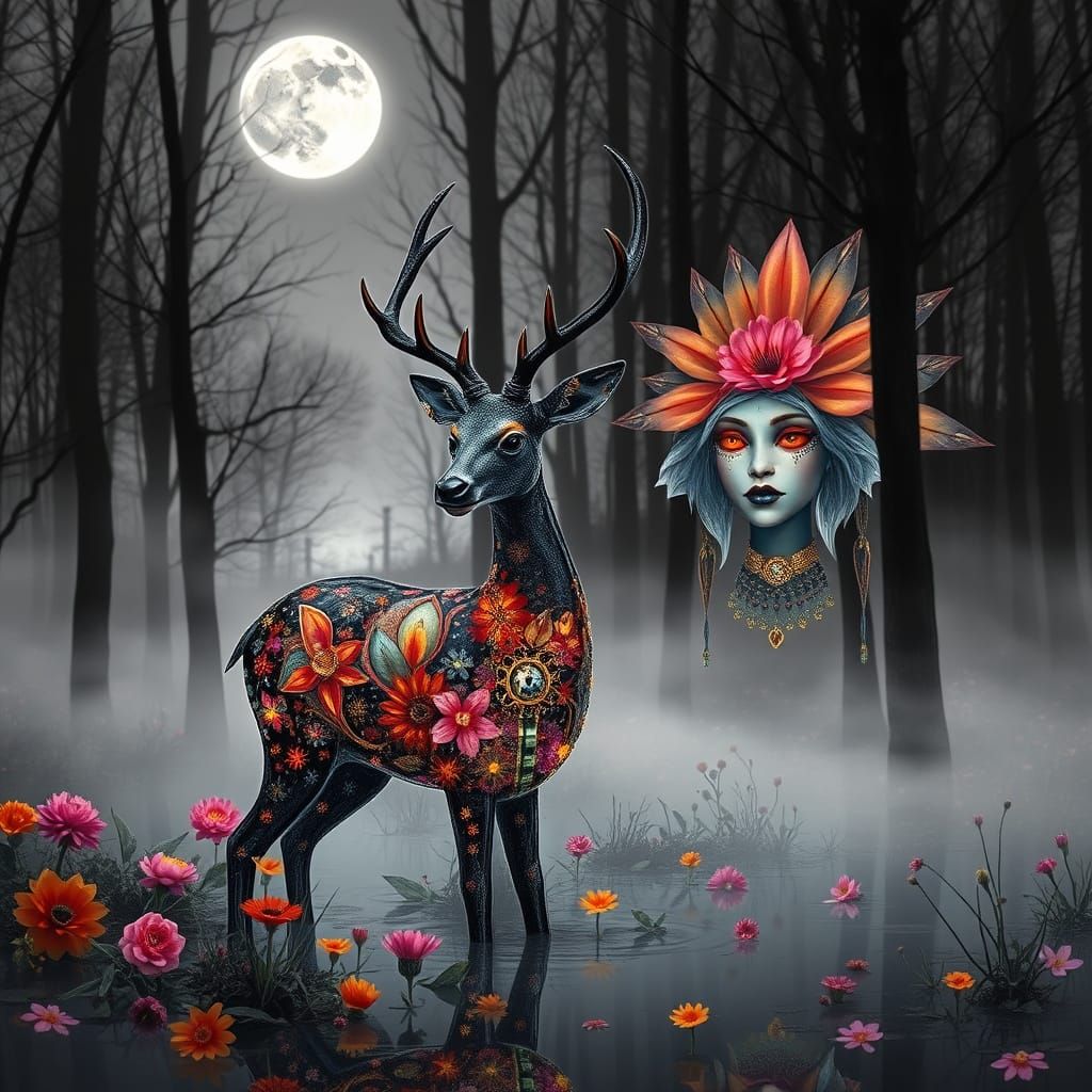 Mystical Jeweled Deer in Moonlit Forest