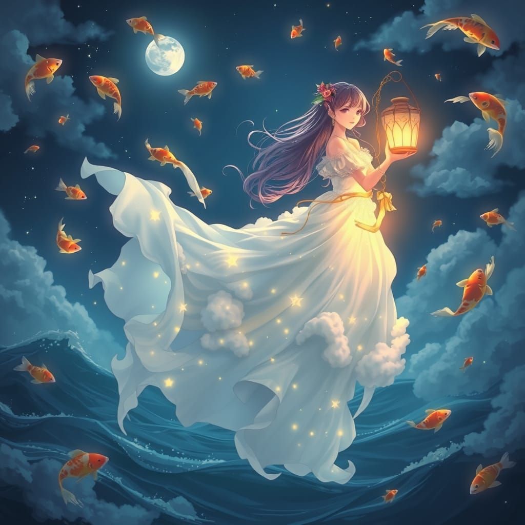 Dreamlike Girl Above Ocean in Fantasy Storybook Style