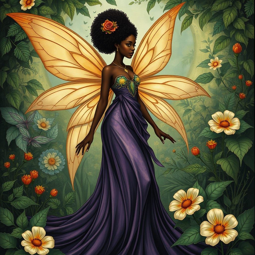 Vibrant African American Fairy in Art Nouveau Style