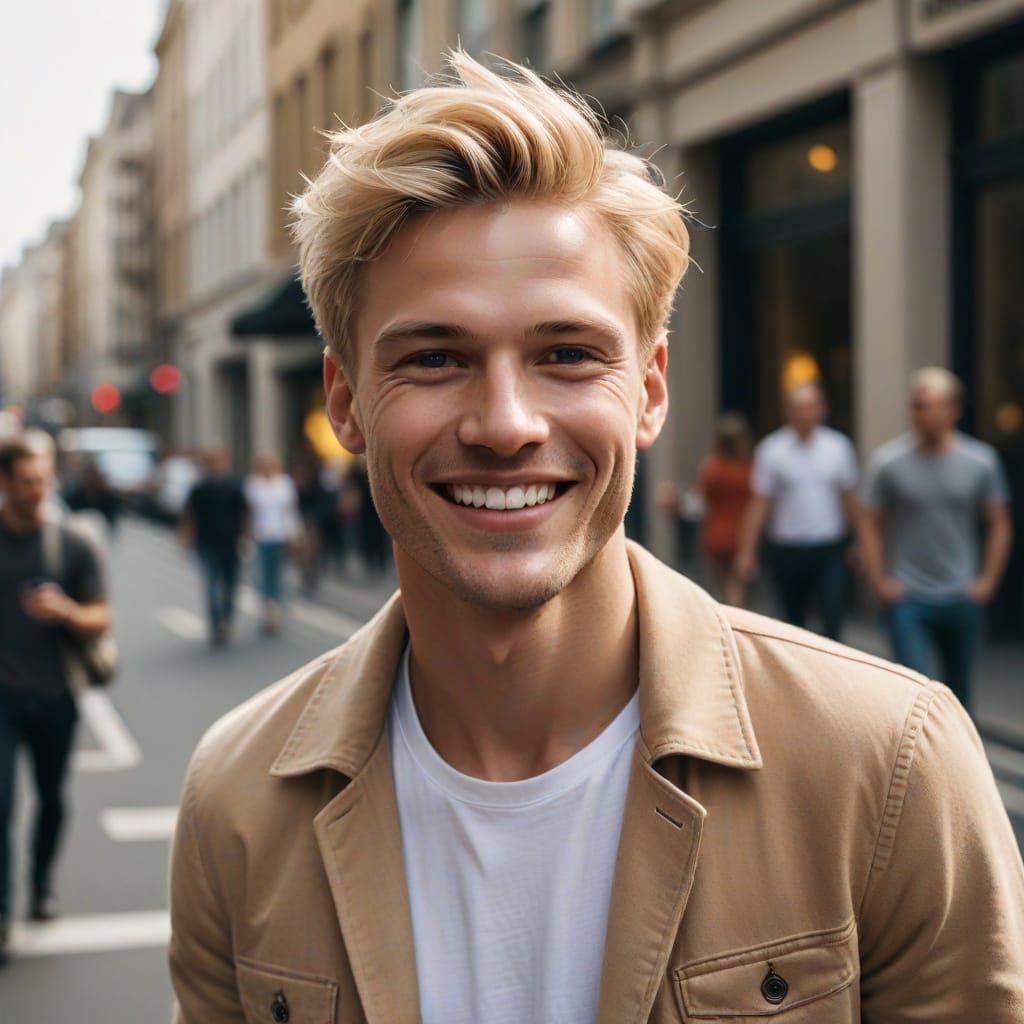 Smiling Blond Man in Fashion Editorial Style
