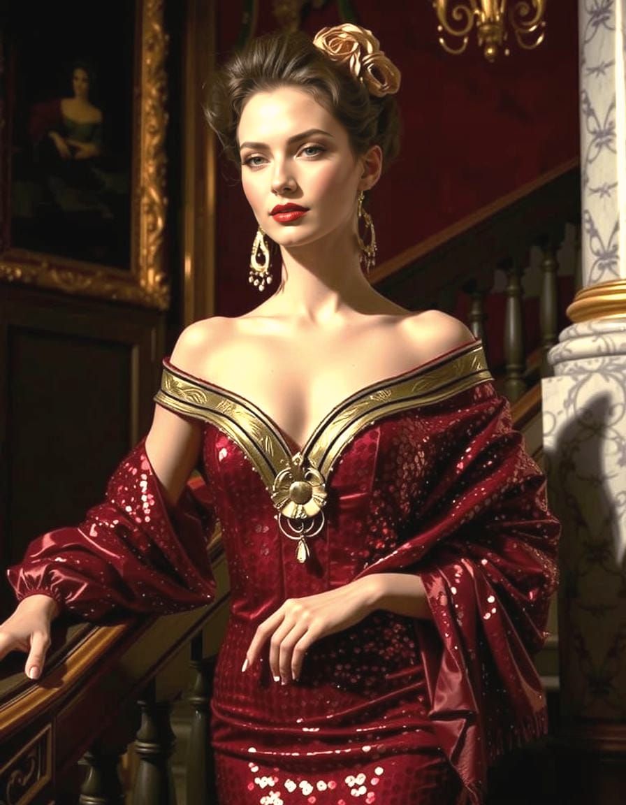 Elegant Woman in Red Sequin Dress Adorns Marble Stair