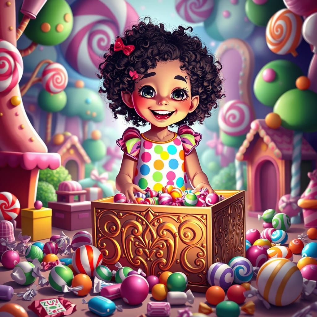 Vibrant Girl Unboxes Candy Paradise in Whimsical Hyperrealis...