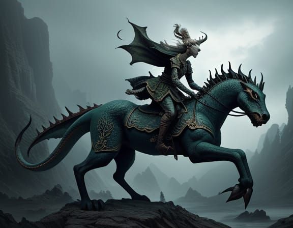 Elf Girl Riding Dragon in Moody Cinematic Scene