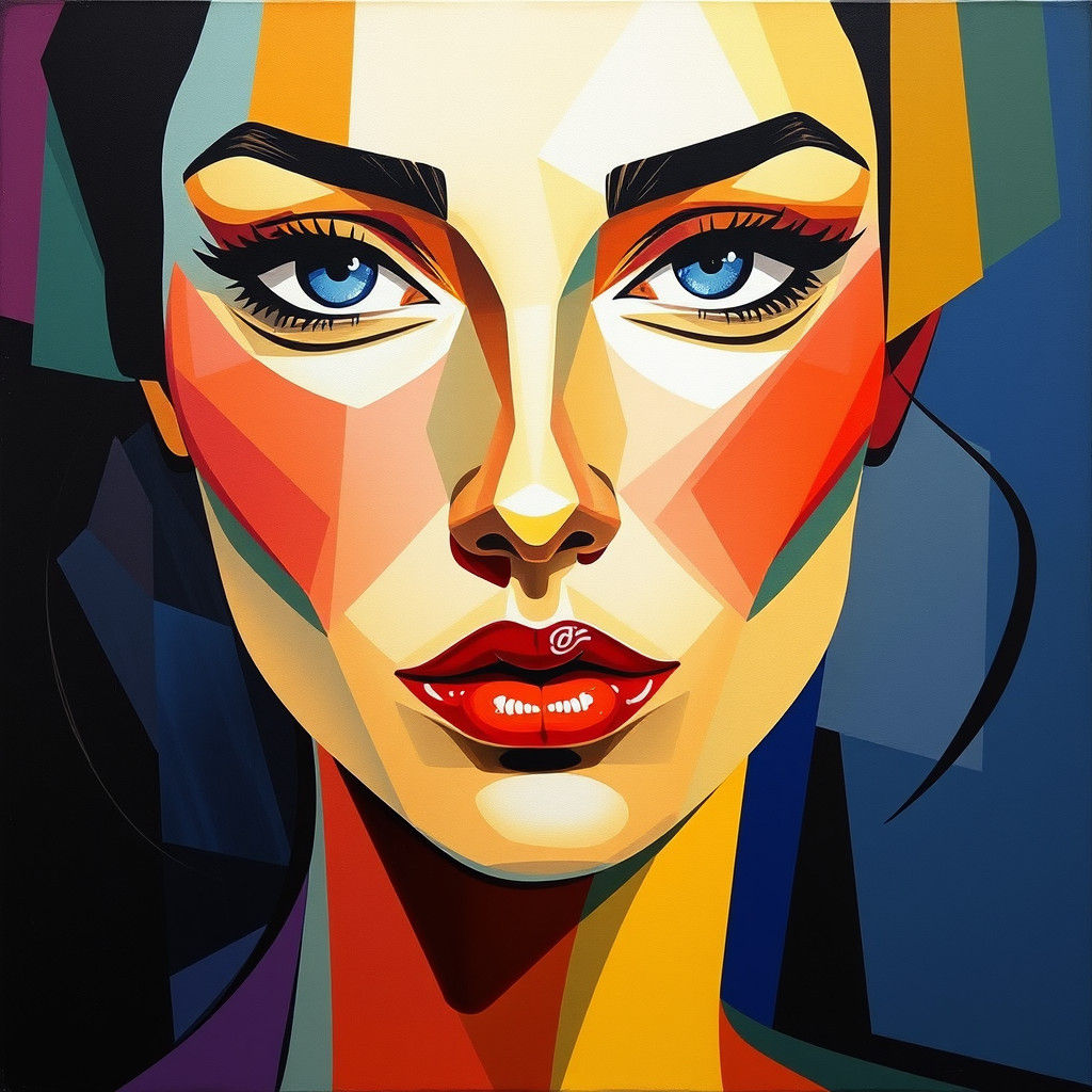 Abstract Cubist Portrait of Woman with Geometric Shapes