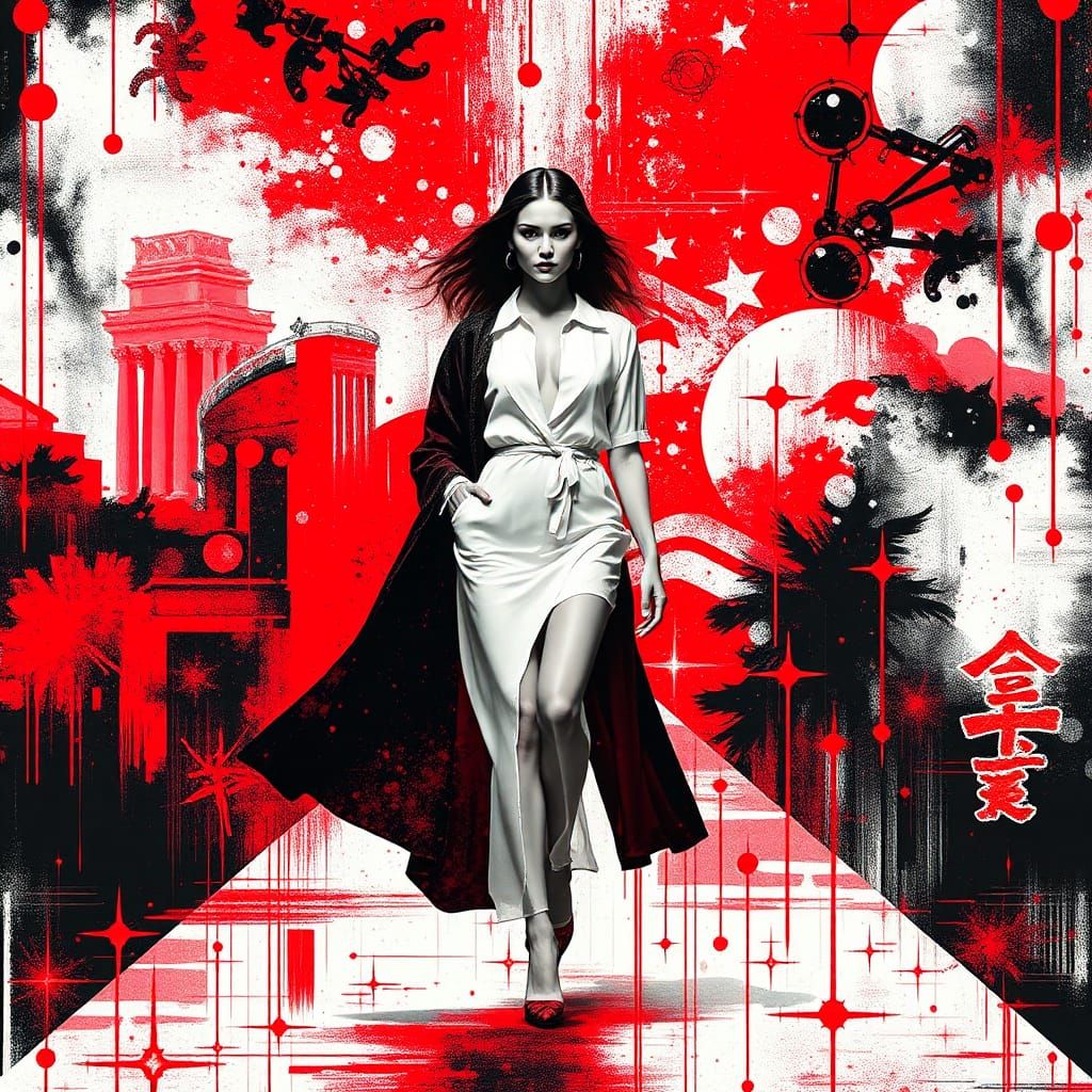 Fashion Model Strutting in Glitchcore Style