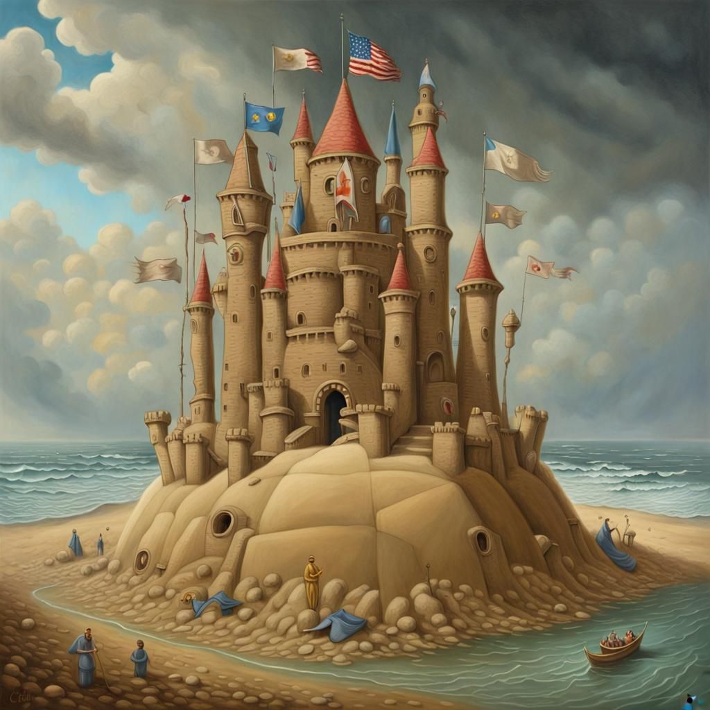Surreal Sandcastle Kingdom on Stormy Beach