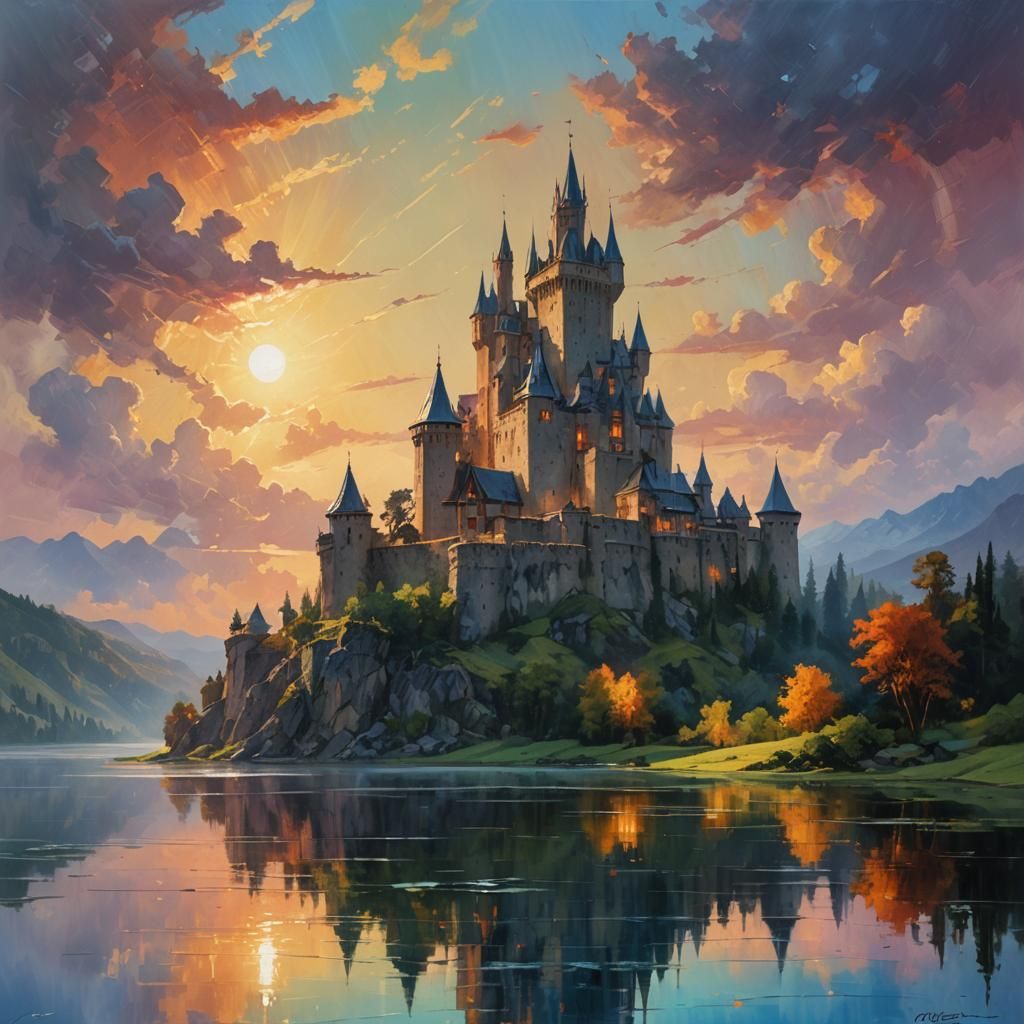 Majestic Castle at Sunset: Oil on Canvas Style