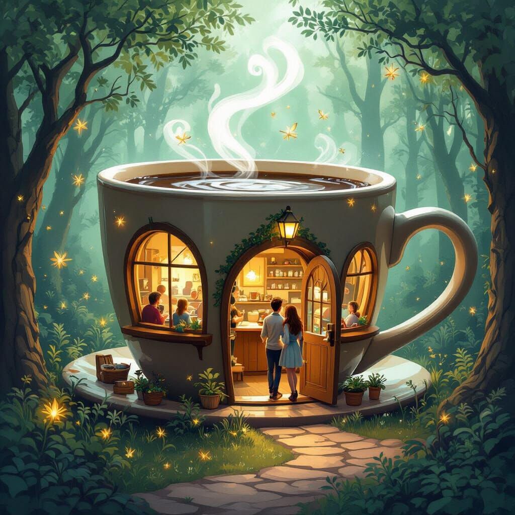 Whimsical Coffee Cup Cafe in Enchanted Forest