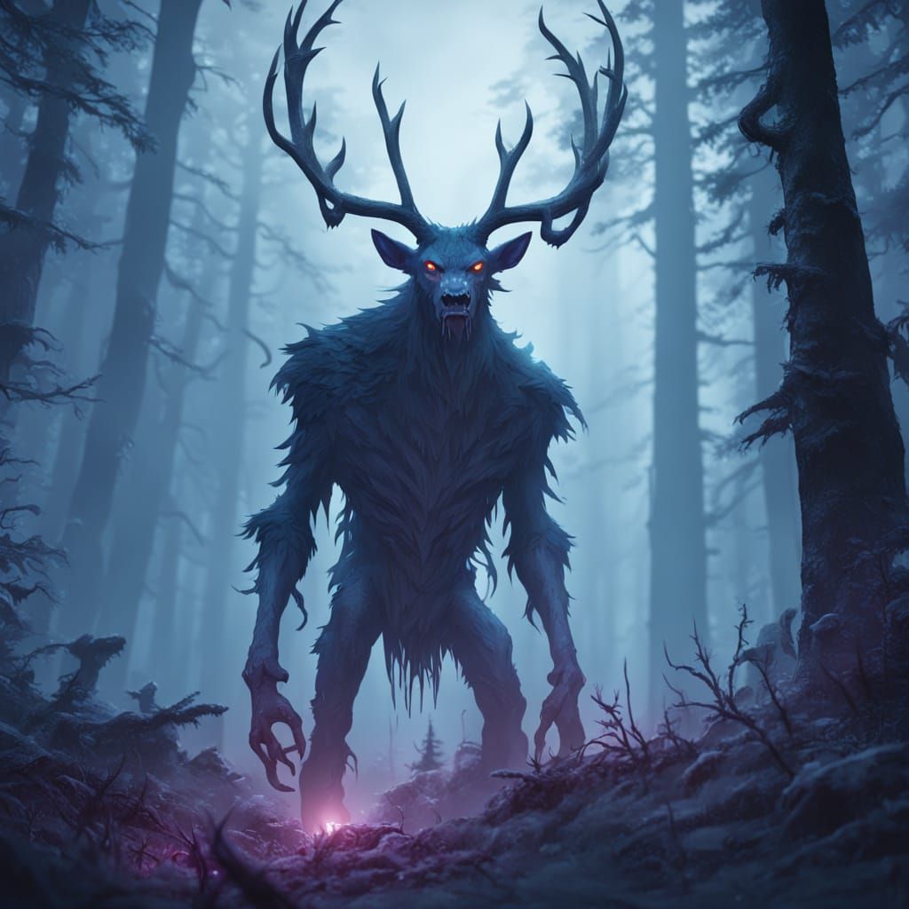 Eerie Wendigo in Dark Forest, Fantasy Art